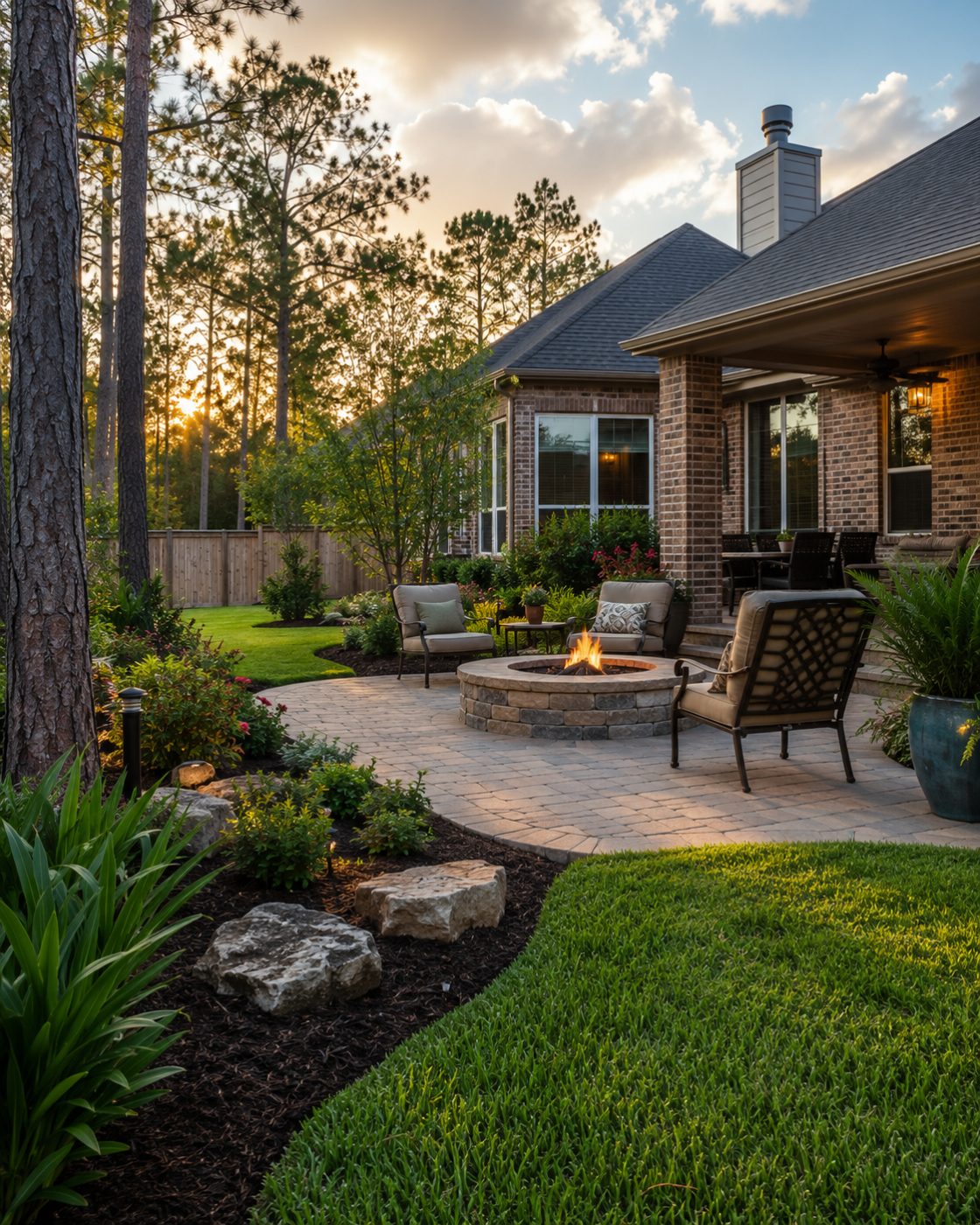 Finished backyard paver patio with a stone fire pit, lush planted beds and landscape lighting at golden hour in Kingwood, TX